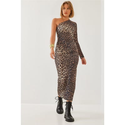 Leopardprint Ruched Midi-jurk met Asymmetrische Kraag
