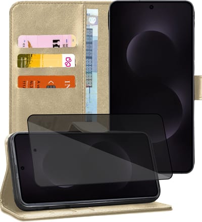 Hoesje geschikt voor Samsung Galaxy S25 Edge - Privacy Screenprotector Volledig Dekkend Glas - Portemonnee Book Case Goud
