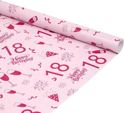 Cadeaupapier 18e Verjaardag - Inpakpapier Verjaardag - Cadeaus Versieren - Gladde Glanzende Afwerking - 6 meter lang - Roze