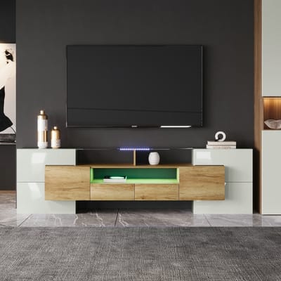 VVBV Stijlvol TV-meubel - lowboard - hoogglans, 200 cm, LED-verlichting - woonkamer meubels - modern design - elegant glazen oppervlak - natuurlijk wit