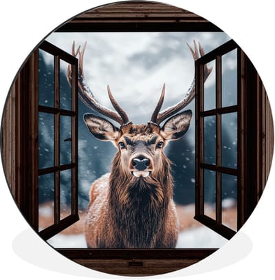 WallCircle - Wandcirkel - Muurcirkel - Doorkijk - Hert - Dieren - Landschap - Winter - Sneeuw - Landelijk - Aluminium - Dibond - 140x140 cm - Binnen en Buiten