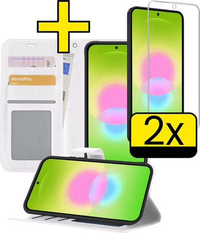 Hoesje - Met 2x Screenprotector - Geschikt voor Samsung Galaxy A27 - Luxe Pasjeshouder - Bookcase Portemonee - Flip Case - Kunstleer Book Case - Flipcase Hoes - Book Cover - Walletcase - Portemonneehoes - Telefoonhoesjes - Wit