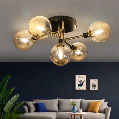 NETTLIFE plafondlamp - 5 vlammen - G9 Fitting - moderne - metaal - met glazen bol amber - binnenverlichting kroonluchter - voor slaapkamer woonkamer - excl. lichtbron