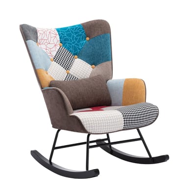 HomeMiYN Schommelstoel – Patchwork Rocking Chair – Comfortabele Fauteuil met Bruin Sierkussen – Stalen Frame Schommelstoel voor Woonkamer en Slaapkamer