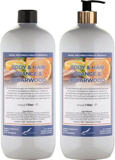 Body & Hair Sweet Orange & Cedarwood 1 liter met gouden pomp - set van 2 stuks - 2 in 1 voor lichaam en haar - voordeelverpakking