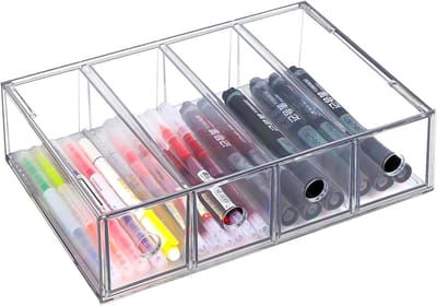Famanu - Transparante Bureau Organizer met 4 Lades, stapelbare ladekast met uitneembare lades voor briefpapier, markers, zonnebrillen en accessoires