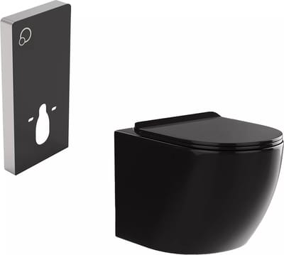 Vente-unique Set voor hang-wc met decoratief voorwandsysteem - Glanzend zwart - JAVOINE
