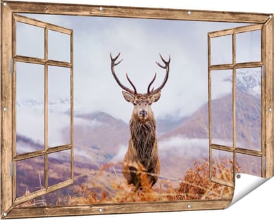 Gards Tuinposter Doorkijk Hert in de Bergen - 150x100 cm - Tuindoek - Tuindecoratie - Wanddecoratie buiten - Tuinschilderij