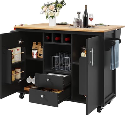 Keukeneiland buffetkast 120 x 73 (45) x 92 cm keukenkast keukenwagen en opklapbaar werkblad met handdoekhouder kruidenrek deurrek wijnrek en verstelbare planken, wit/zwart