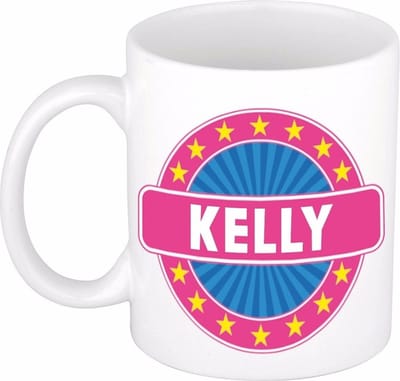 Bellatio Decorations - Kelly voornaam - koffiemok - beker - wit/roze - 300 ml - Cadeau - Dames - Collega - Moederdag - Verjaardag
