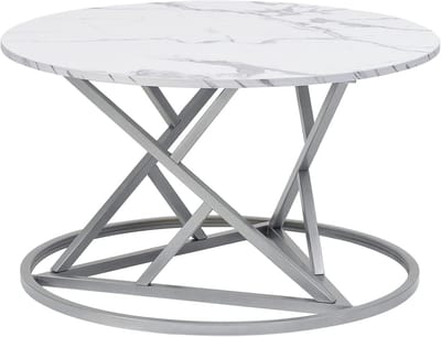 Ronde salontafel - Bijzettafel marmer - Woonkamer inrichten - Synthetisch marmerlook blad - 80x45 cm - Wit met zilver