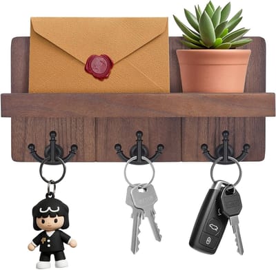 Houten Sleutelhanger met Plank en 3 Dubbele Haakjes, Decoratieve Wandplank voor Entree, Slaapkamer en Woonkamer, Bruin en Wit