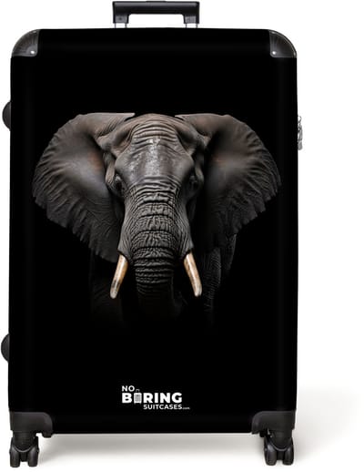 NoBoringSuitcases.com® - Koffer groot - Reiskoffer lichtgewicht - Olifant vooraanzicht op zwarte achtergrond - Rolkoffer met 4 wielen - Grote trolley XL - 98 liter bagage