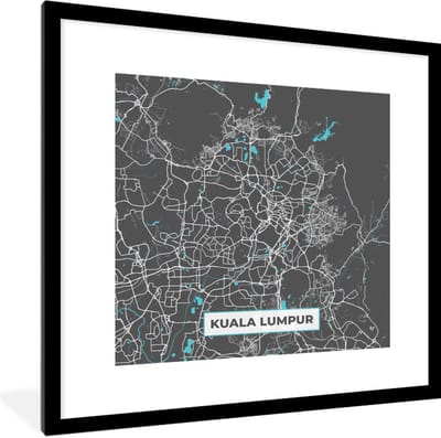Fotolijst incl. Poster - Kuala Lumpur - Stadskaart - Plattegrond - Blauw - Kaart - 40x40 cm - Posterlijst