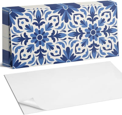 Coloray Plaktegels - Bloemenpatroon met bladeren Zelfklevende Wandtegels - 40 cm x 20 cm - Blauw Plaktegels - 10 stuks - Rechthoek PVC Tegels - Plaktegels Badkamer - Vloertegels Zelfklevend - Vinyltegels Vloer Zelfklevend - Portugese Tegels