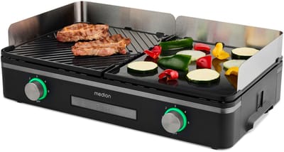 MEDION Tafelgrill met dual-zone-systeem (2400 W, 2 afneembare platen, individuele temperatuurregeling, LED-statusindicator, IPX4-bescherming), MD12027