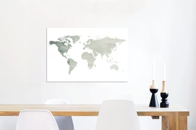 Aluminium schilderij 90x60 cm - Wanddecoratie metaal - Wereldkaart - Grijs - Wit - Metalen muurdecoratie woonkamer - Decoratie industrieel - Foto op dibond - Industriële accessoires slaapkamer