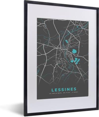 Fotolijst incl. Poster - België – Lessines – Stadskaart – Kaart – Blauw – Plattegrond - 30x40 cm - Posterlijst