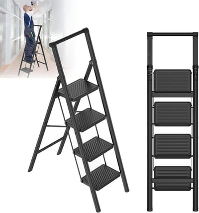 Inklapbare Trapladder met 4 Treden en Veiligheidsleuning - Zwart