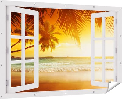Gards Tuinposter Doorkijk Tropisch Strand tijdens Zonsondergang - 180x120 cm - Tuindoek - Tuindecoratie - Wanddecoratie buiten - Tuinschilderij