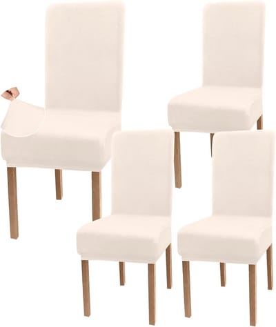 Fluwelen Stretch Eetkamerstoelhoezen - Luxe Armloze Stoelhoezen voor Eetkamer - Wasbaar en Ideaal voor Kinderen en Huisdieren (Set van 4, Beige)