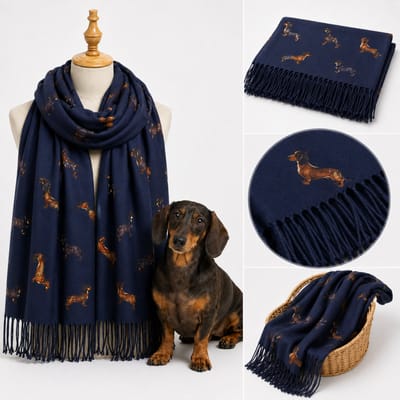 TeckTeckel Sjaal - Marineblauw - Lichtgewicht & Stijlvol - Katoenmix - Met Teckelprint & Kwastjes - Voor Dames & Hondenliefhebbers - Zomer & Winter Accessoire - 70x180 cm