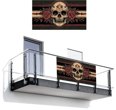 Balkonscherm 200x110 cm - Balkonposter Schedel - Rozen - Gotisch - Balkon scherm decoratie - Balkonschermen - Balkondoek zonnescherm