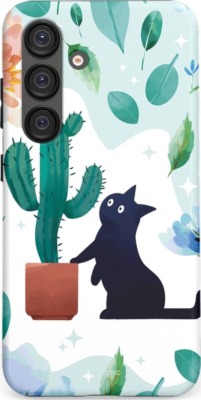Casetastic hoesje geschikt voor Samsung Galaxy S25 - Dubbellaagse bescherming - Cactuskat - Fashion Case - Lichtgrijs Turquoise Wit Mintgroen
