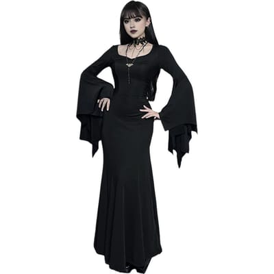 Robe d'Halloween pour femme Ourlet queue de poisson Coupe ajustée Manches chauve-souris Volants irréguliers aux poignets Col rond gothique Haute qualité Performance Cosplay M noir