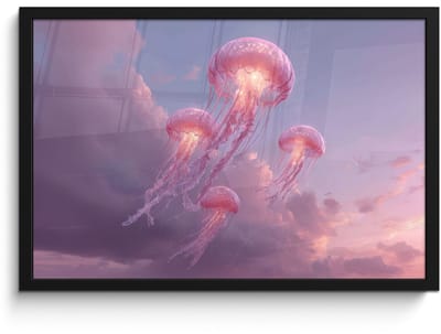 Poster in lijst - Fotolijst 60x40 cm - Posters - Kwallen - Roze - Wolken - Posterlijst zwart - Decoratie - Wanddecoratie woonkamer - Muurdecoratie slaapkamer