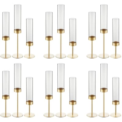 Ensemble de 18 bougeoirs ouragan, support en métal doré avec cylindres en verre transparent, élégantes pièces de centre à étages Protection contre le vent pour mariage, table