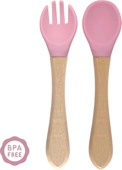 green-goose Kinderbestek | Bamboe Siliconen Lepel en Vork | Roze | Buigbaar, Vaatwasserbestendig en Duurzaam!