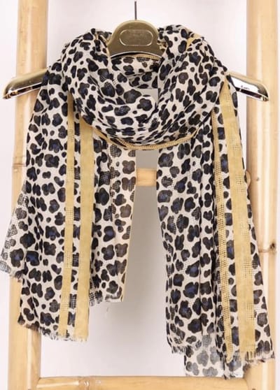 Dames lange sjaal met panterprint  zwart/blauw/okergeel