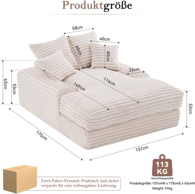 Wishdor Chaise Longue - Ergonomisch Met Afneembare Kussens - Modern Ontwerp - Voor Woonkamer - Schuim En Ribstof - Beige - 137 x 175 x 63 cm