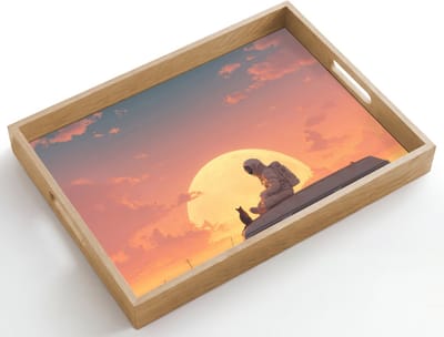 Dienblad hout 50x35 cm - Schootdienblad - Busje - Kat - Zonsondergang - Oranje - Borrelplank rechthoek - Plateau dienbladen