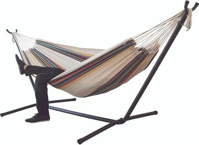 Dubbele Hangmat - Buiten Hangmat - Tuin Ontspanning - Met Stalen Standaard - 265x150cm - Gestreepte Kleuren