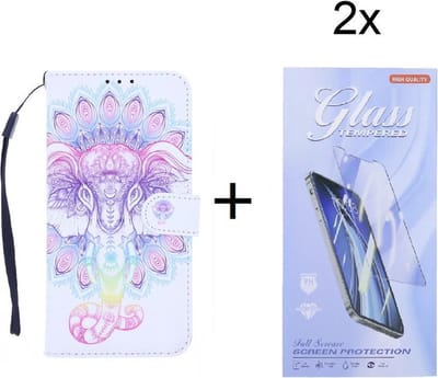 Bookcase Geschikt voor: Samsung Galaxy A42 hoesje met print - Elephant 3D met 2 stuks Glas Screen protector