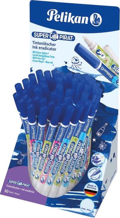 Pelikan Tintenlöscher Super Pirat 850F, im Thekendisplay zwei Spitzen - löschen & korrigieren - löscht königsblaue (987016)