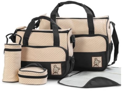 Linkforu - Luiertas Verzorgingstas Babyset 5 Delig - Inclusief Verschoonmat - Flessenhouder - Speenetui - Schoudertas - Beige Zwart