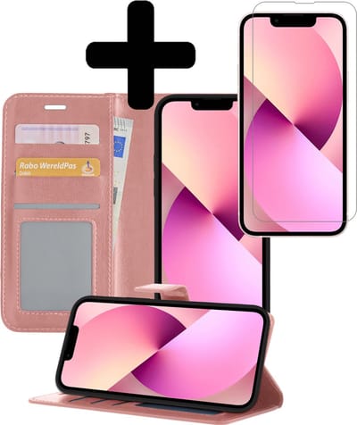 Hoesje - Met Screenprotector - Geschikt voor Apple iPhone 14 - Luxe Pasjeshouder - Bookcase Portemonee - Flip Case - Kunstleer Book Case - Flipcase - Book Cover - Walletcase - Portemonneehoes - Telefoonhoesjes - Rosé goud