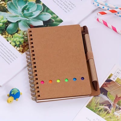 1 bloc-notes avec post-it colorés, cahier à spirales étudiant cahier à index transparent cahier à feuilles mobiles cahier avec stylo à bille écorce tannante