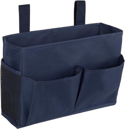 Famanu - Nachtkast-organizer, waterdicht, Oxford hangende slaapkamer caddy met haken voor bed, wieg, wandelwagen, slaapzaal, stapelbed, minimalistische opbergtas met 4 zakken, 29 x 20 cm, blauw