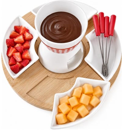5Five Fondue set - wit - porselein - Dia 26 cm - 4 fondue vorken - voor chocolade/kaas