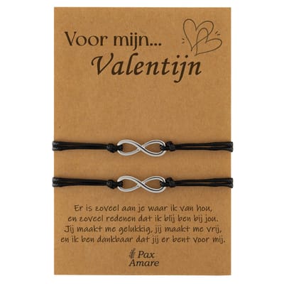 Koppel Armbandjes voor 2 "Voor Mijn Valentijn" - Oneindigheidsteken - Vriendschapsarmbandjes met Persoonlijk Cadeau Kaartje - Zilverkleurig - Elastisch Verstelbaar - Pax Amare