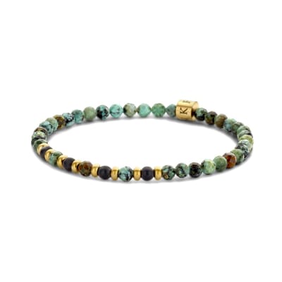 Frank 1967 – Heren Armband – 7FB-0714 Kralen Armband 4mm - Afrikaanse Amazoniet - Zwart Agaat - 18cm - Rekbaar - Goudkleurig