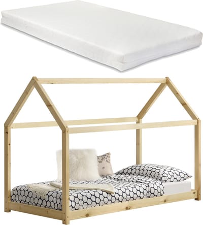 Kinderbed houten bed huisbed 200x90 met matras - houtlook