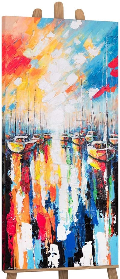 Canvas schilderij panoramisch 115x50 handgeschilderd harmonie van de zee maritiem – YS-Art Gallery – Rustgevende wanddecoratie voor woonkamer – Modern schilderij voor hal