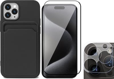 Hoesje Pasjeshouder geschikt voor iPhone 15 Pro - Screenprotector FullGuard + Camera Lens Screen Protector - Siliconen Case Back Cover Zwart