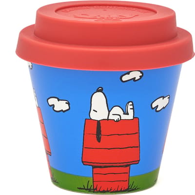 Quy Cup - 90ml Ecologische Reis Beker - Espressobeker “Peanuts  Snoopy Sit” met Roze Siliconen deksel