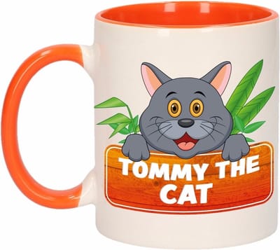 Koffie mok - Tommy the Cat kattenprint - oranje wit - 300 ml - keramiek - kinder mok